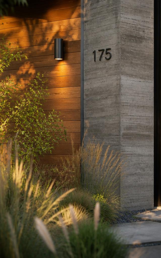 Cedar siding, board-formed concrete and drought-tolerant planting at a home entry
