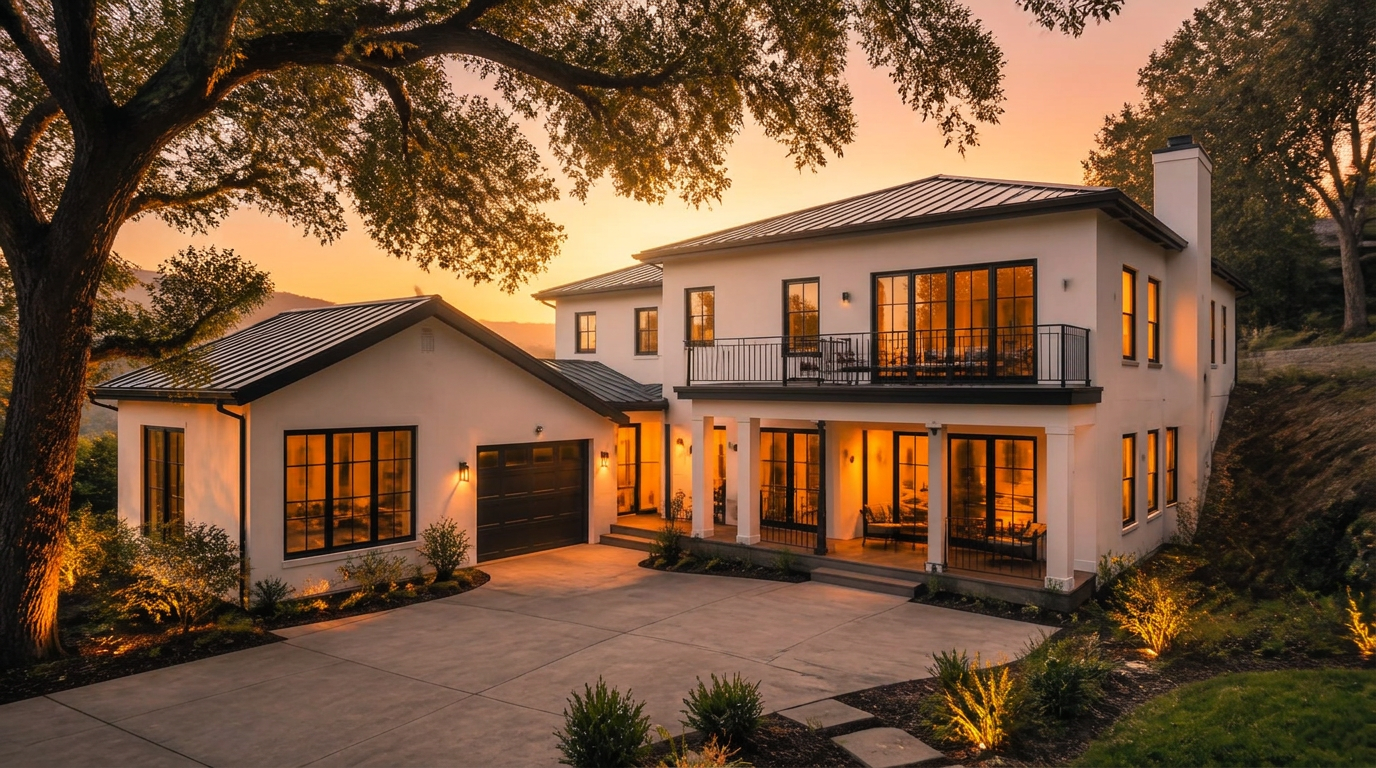 An upscale Northern California home with clean landscaping in late afternoon light